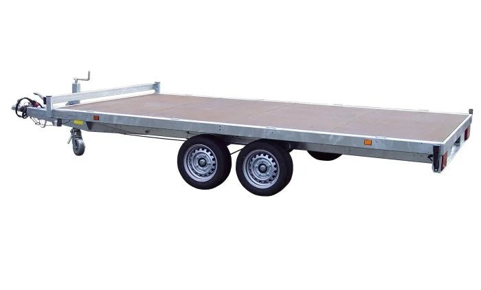 Remorque Plateau Roues Dessous 406x215 cm – PTAC 2700 à 3500 kg – 2 Essieux Freinés – Plancher Bois Antidérapant – Châssis Galvanisé