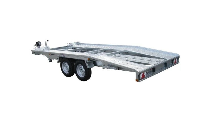 Remorque Porte-Voiture 400x215 cm – PTAC 2700 kg – 2 Essieux Freinés – Rampes Antidérapantes – Timon Basculant – Feux LED – Treuil